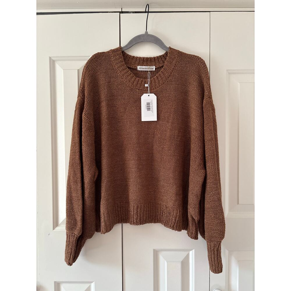 Zenana Balloon Sleeve Knit Sweater Women’s S/M Brown Crew Neck NWT Cozy Soft - Picture 2 of 7